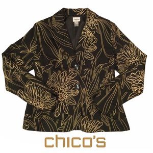 Chico’s Golden Fleur Memento Jacket, Gold Embroidery on Black, Dressy, Sz M NWOT